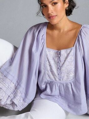 Anthropologie Lavender Puff-Sleeve Peasant Blouse